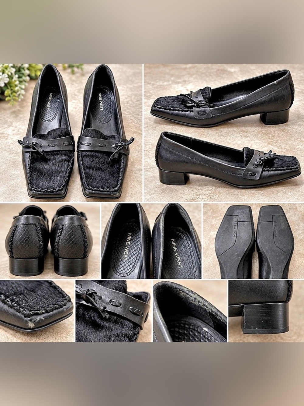 Nine West Black Pony Hair Square Toe Loafers Low Heel Shoes Size 7.5